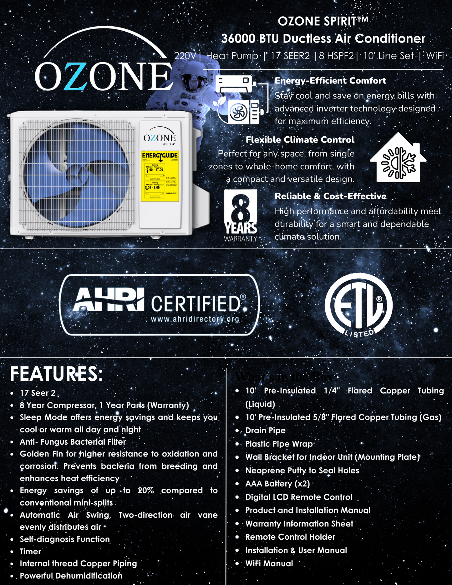 Ozone 36,000 BTU AC + Heat Kit 220v; 17 Seer, Inverter AHRI + ETL Certified