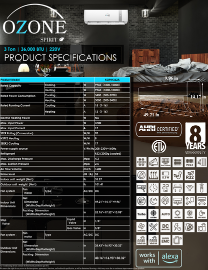Ozone 36,000 BTU AC + Heat Kit 220v; 17 Seer, Inverter AHRI + ETL Certified
