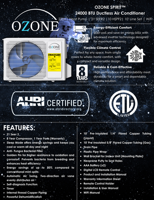 Ozone 24,000 BTU AC + Heat Kit 220v; 21 Seer, 10 HSPF2 Inverter AHRI + ETL Certified